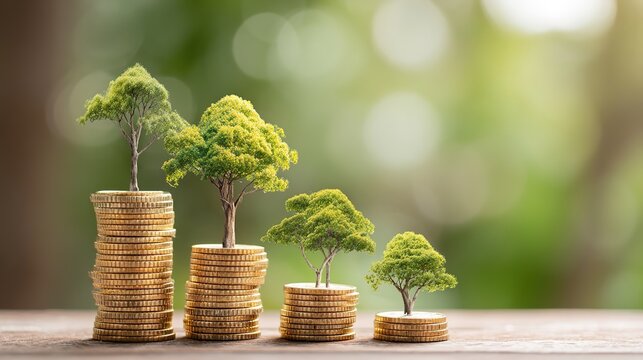 Financial Growth Concept: Symbolizing the blossoming potential of investments, this image depicts miniature trees sprouting from stacks of coins, against a soft, blurred background. 