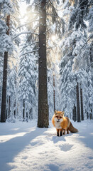 Naklejka premium A fox stands in a snowy forest with sun shining through trees, creating a winter wonderland, representing nature's beauty and wild animal presence