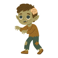 Cute cartoon zombie character with torn clothes and green skin. A fun, kid-friendly Halloween illustration perfect for stickers, games, posters, and spooky themed designs