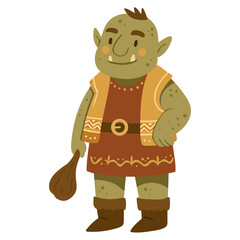 Cute cartoon ogre character in rustic clothing holding a club. Ideal for children’s books, fantasy stories, stickers, games, and whimsical illustration projects