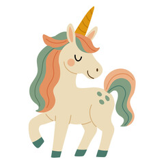 Cute pastel unicorn with flowing multicolored mane and golden horn. Whimsical fairytale character perfect for kids’ designs, stickers, prints, games, and magical fantasy themes