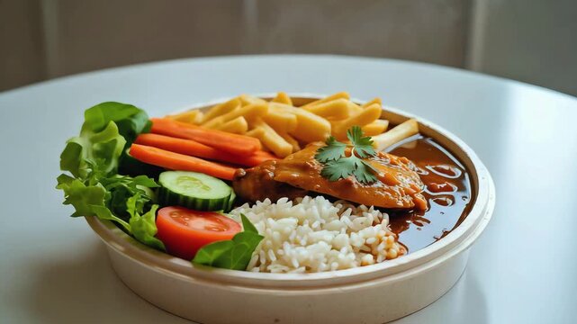 Cinematic Food Video of Traditional Brazilian Marmita Lunch Box from Minas Gerais with Rice, Feij&atilde;o, and Frango