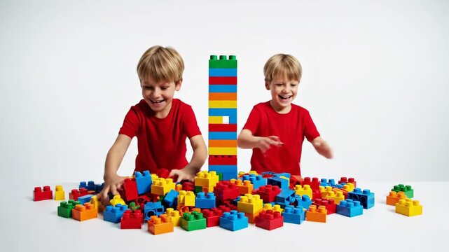 Young child building tall tower with colorful plastic interlocking toy blocks on a bright white background