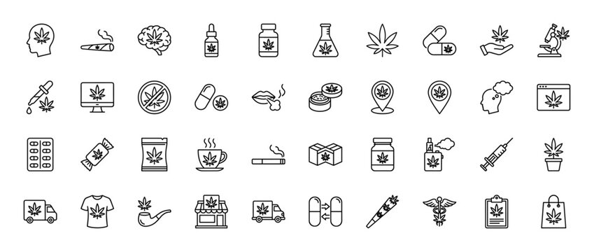 Cannabis and medical marijuana line icon set. Vector pictograms of hemp leaf, oil dropper, brain, smoking joint, and pills, thin outline illustration.