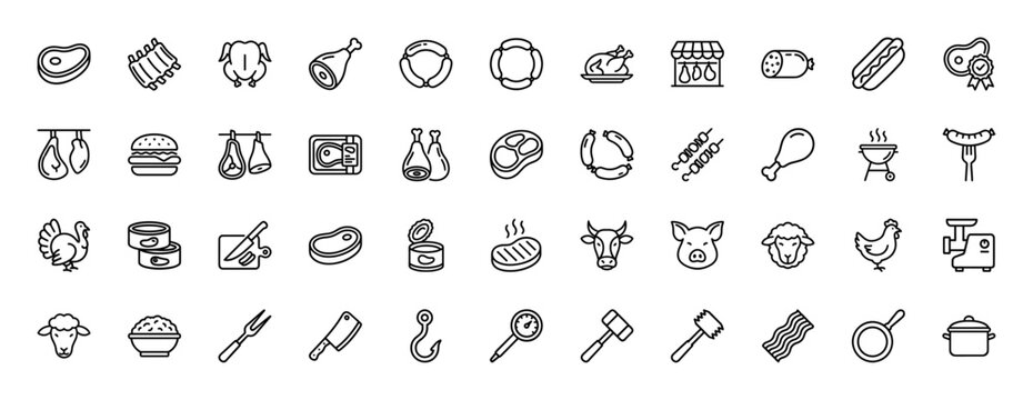 Meat and butcher shop line icon set. Vector pictograms of steak, ribs, chicken, sausage, cow, and cooking tools, thin outline illustration.