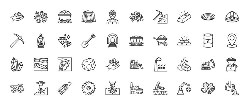 Mining line icon set. Vector pictograms of gold, diamond, pickaxe, cart, tunnel, and coal, thin outline illustration.