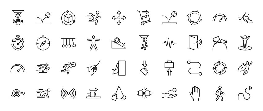 Physics line icon set. Vector pictograms of motion, speed, force, gravity, and circular movement, thin outline illustration.