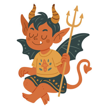 Cute fantasy demon boy with horns, wings, and a trident, sitting playfully. Perfect for children&rsquo;s stories, Halloween designs, stickers, games, and whimsical fairytale illustrations