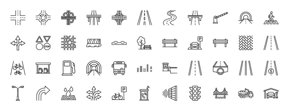 Transportation and road infrastructure line icon set. Vector pictograms of crossroads, traffic lights, tunnels, and signs, thin outline illustration.