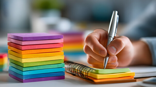 Person writing on colorful sticky notes while organizing ideas and tasks, close-up view of hands and stationery - Powered by Adobe