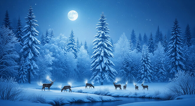 Winter scene with snow-covered trees, a full moon, and a group of deer near a stream, representative of winter stillness and nature's beauty