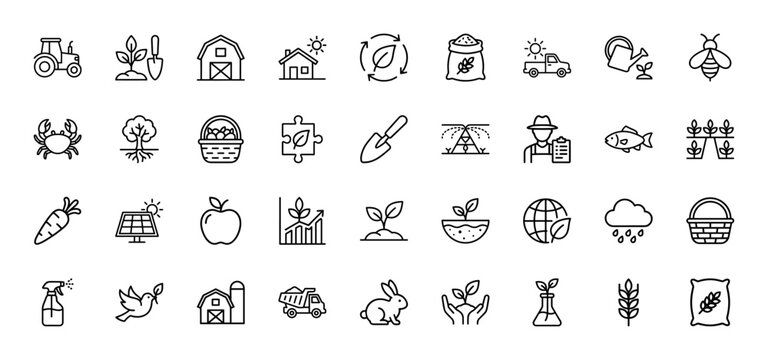 Agriculture and farming line icon set. Vector pictograms of tractor, barn, seedling, apple, and beehive, thin outline illustration.
