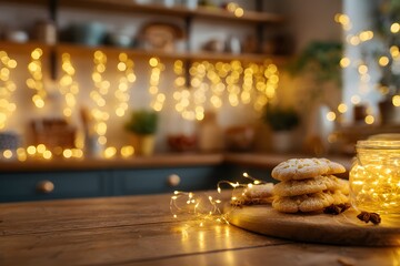 Festive holiday cookies and golden string lights creating magical bokeh in a cozy kitchen. Perfect background for winter recipes and evening atmosphere.
