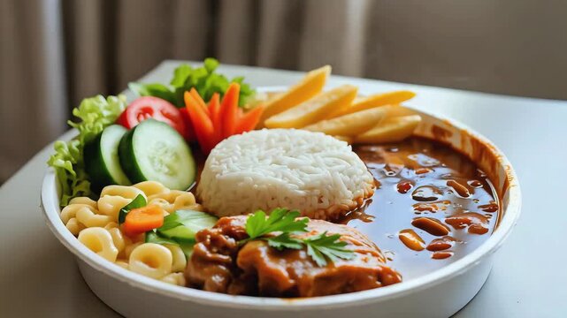 Cinematic Food Video of Traditional Brazilian Marmita Lunch Box from Minas Gerais with Rice, Feij&atilde;o, and Frango