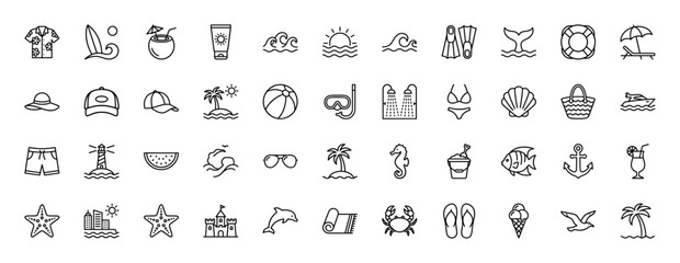 Naklejka premium Summer and beach vacation line icon set. Vector pictograms of swimwear, starfish, coconut, and surfboard, thin outline illustration.