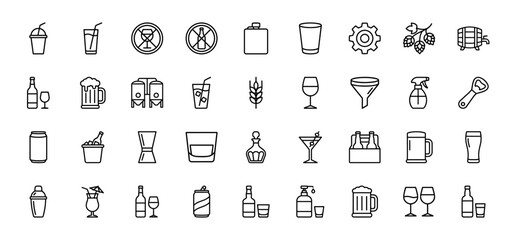 Alcohol and drink line icon set. Vector pictograms of beer mug, wine glass, cocktail, shaker, and bottle, thin outline illustration.