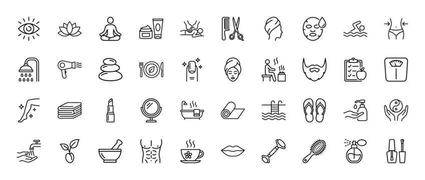 Beauty and spa line icon set. Vector pictograms of massage, cosmetic cream, scissors, nail polish, and meditation, thin outline illustration.