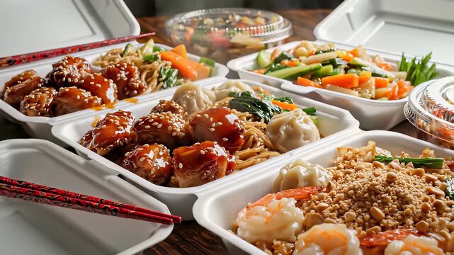 Containers filled with diverse food options, chopsticks, and rice containers sit on a table amidst utensils in a cultural fusion scene capturing the blending of traditional Asian dining with.