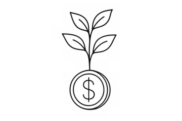 Dollar coin growing into a plant representing financial investment, savings, profit, return on investment, and business success on transparent background