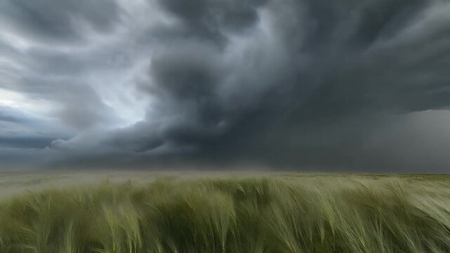a powerful windstorm sweeping across an open landscape