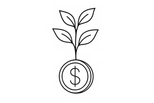 Dollar coin growing into a plant representing financial investment, savings, profit, return on investment, and business success on transparent background - Powered by Adobe