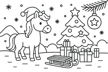 Christmas coloring page featuring a cute pony next to a decorated tree, gifts, sled, and winter scenery.