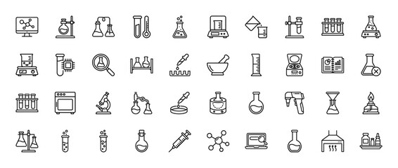 Laboratory science line icon set. Vector pictograms of flasks, beakers, microscope, and test tubes, thin outline illustration.