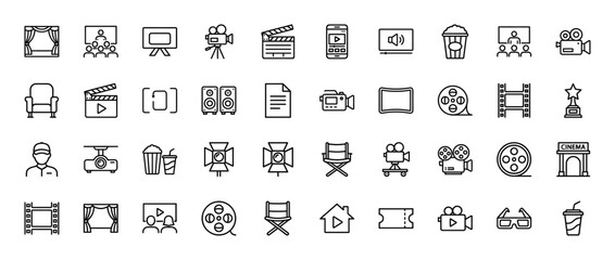 Movie production and cinema line icon set. Vector pictograms of camera, clapboard, film, projector, and screen, thin outline illustration.