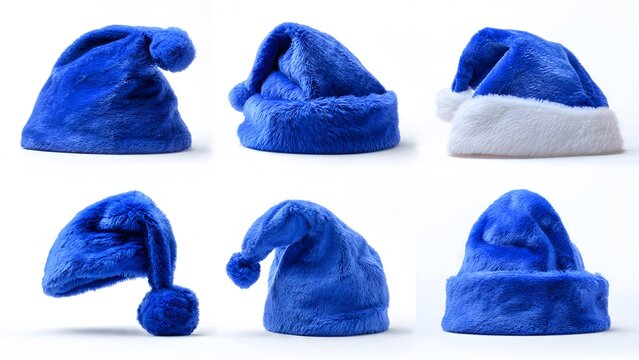 Six blue fluffy Santa hats collage on white background, featuring different styles, poses, and textures, including variations with white faux fur trim.