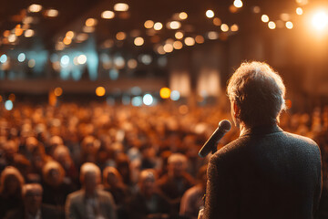 Public speaking event conference hall audience engagement professional setting inspirational speech leadership insights