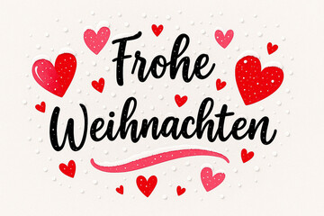 Festive Christmas lettering &ldquo;Frohe Weihnachten&rdquo; decorated with red hearts and snow.