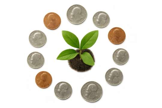 Money tree concept with green plant growing from soil surrounded by us coins, symbolizing financial growth and investment on transparent background - Powered by Adobe