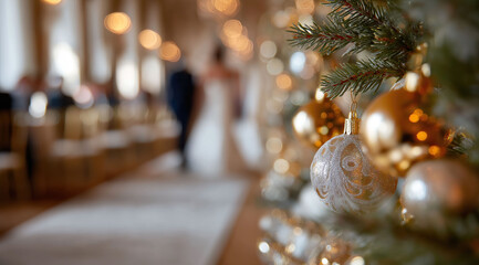 Ornate silver bauble hangs on evergreen branch with elegant blurred background of a wedding ceremony 