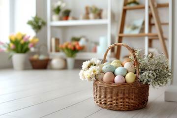 Obraz premium Pastel-colored eggs rest in basket surrounded by spring flowers and blooms.