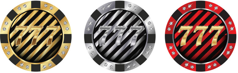 Casino 777 Diamond Poker Chip Set – Gold Silver Red Luxury Gambling Badge – Vector Illustration