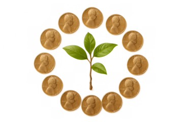 Investment plant growing surrounded by coins, symbolizing financial growth, savings, and wealth development on transparent background