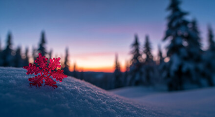 Red snowflake on snowy surface with blurred trees at dusk, representing winter holidays, Christmas, and cold season magic, ideal for festive themes