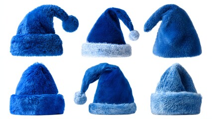 Six Blue Santa Hats Collection Isolated on White Background. Variety of Furry Christmas Caps and Elf Hats for Modern Winter Holiday Design Assets.