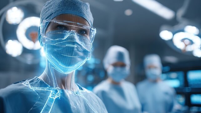 Surgical Precision: A focused surgeon, mask-clad and goggled, radiates unwavering composure in a sterile operating room, her gaze fixed and determined, and her teammates ready.