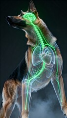 Fototapeta premium A striking image of a dog showcasing its anatomical structure through a glowing, transparent overlay, emphasizing its skeletal and organ systems.