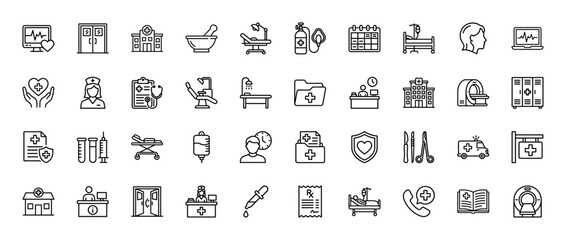 Medical line icon set. Vector pictograms of hospital, heartbeat, doctor, clipboard, ambulance, and syringe, thin outline illustration.