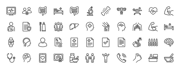 Medical and healthcare line icon set. Vector pictograms of heartbeat monitor, doctor, intestines, bed, microscope, bone, and brain, thin outline illustration.