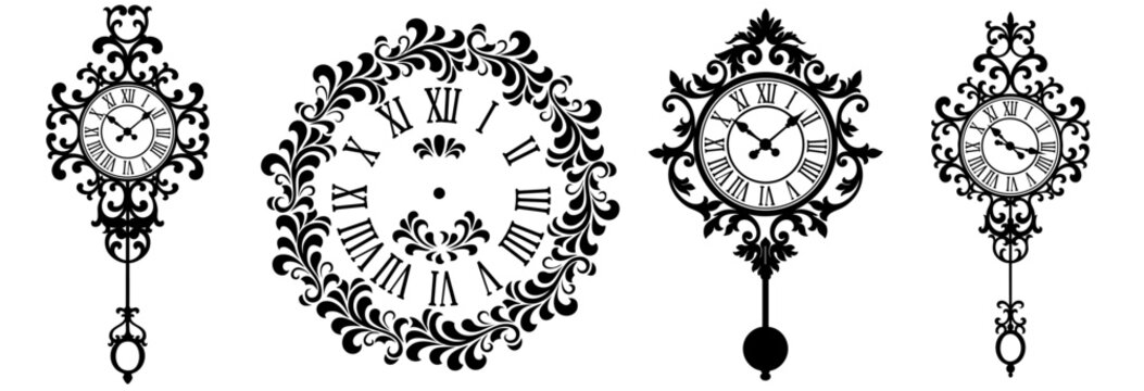 Victorian Ornamental Clock Set &ndash; Vintage Baroque Clock Faces with Roman Numerals