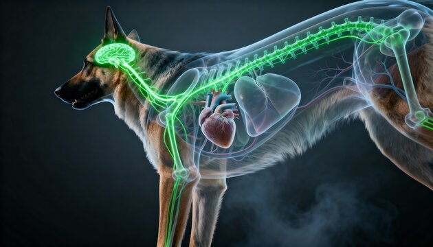 A digital illustration showing the anatomy of a dog, highlighting its organs and skeletal structure in a vibrant, glowing style.