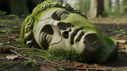 Broken stone head of a classical Greek or Roman statue overgrown with green moss on a forest floor.