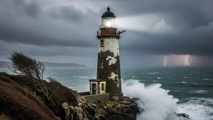 Dramatic lighthouse on a rocky cliff during a powerful ocean storm with crashing waves and lightning in the dark sky.