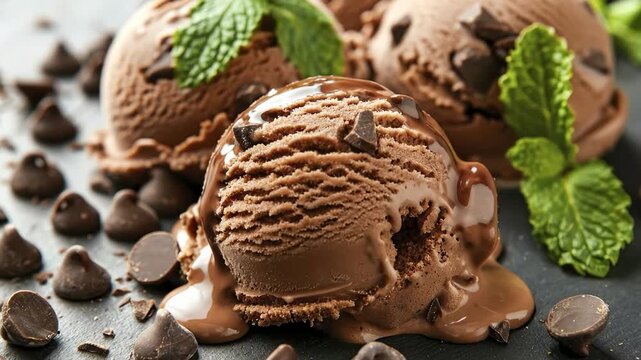 Three scoops of chocolate chip ice cream drizzled with chocolate sauce garnished with fresh mint leaves and scattered chocolate chips on a dark surface