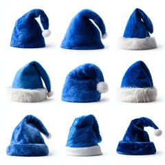 Collection of nine unique blue Santa hats in various textures (fluffy, velvet, faux fur trim) displayed in a grid pattern on a clean white background, ideal for Christmas design.