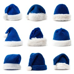 Collection of nine blue Santa Claus hats in various views, featuring plush texture, white faux fur trim and pom-poms, isolated on a white background for Christmas and winter holiday design.