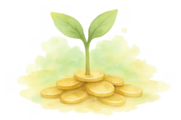 Young plant shoot growing on pile of gold coins, symbolizing financial growth, investment, savings, and wealth accumulation watercolor illustration